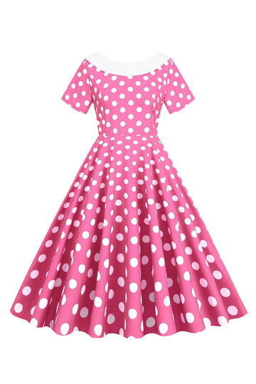 Rosa Polka Dots Boat Neck 1950 vestido com bowknot